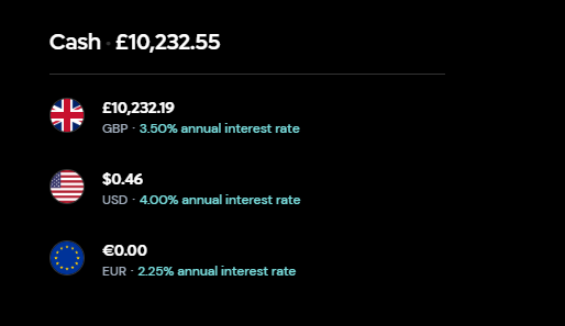 Screenshot of uninvested cash rates on Lightyear investing platform
